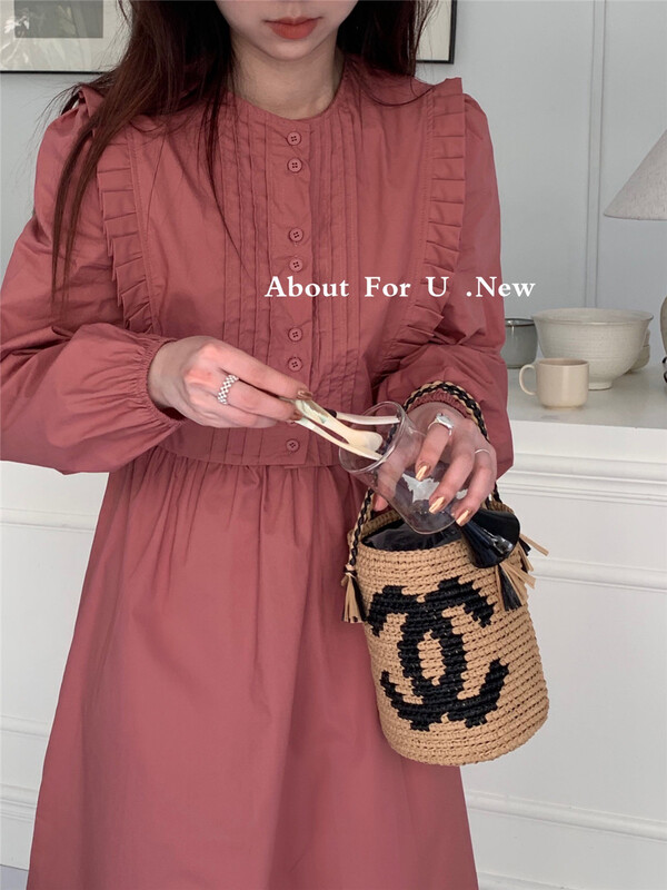 goods in stock! [about for u] Solid Color Bubble Sleeve Dress + two piece suit with round neck vest 66008# lwy