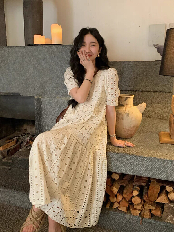 [savage] French retro round neck hem fold stitching dress e8200# WPL