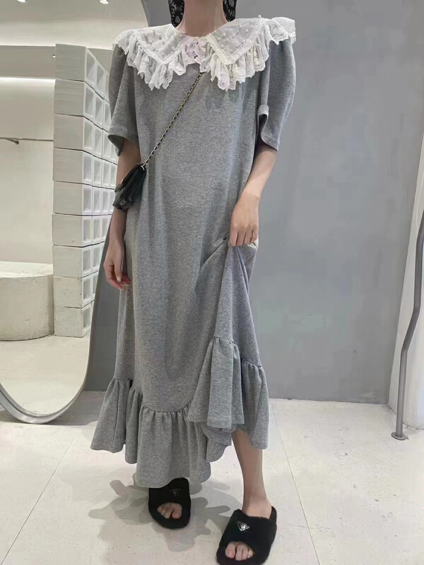 [et] loose temperament stitched lace pearl Lapel short sleeve dress 5802# PCZ