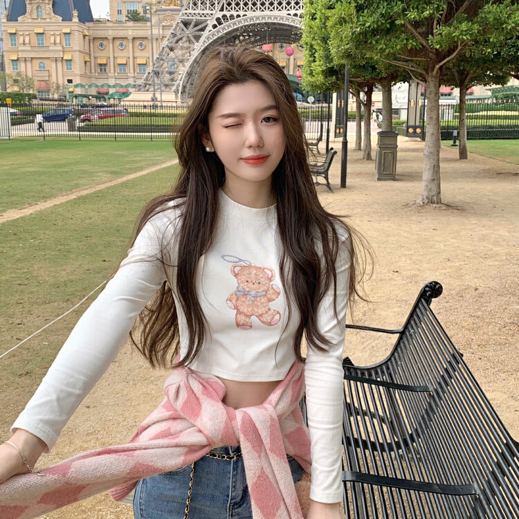 [wgwe] slim and slim, with short navel exposed Spice Girl bear Print Long Sleeve T-shirt 1196# PCZ inside