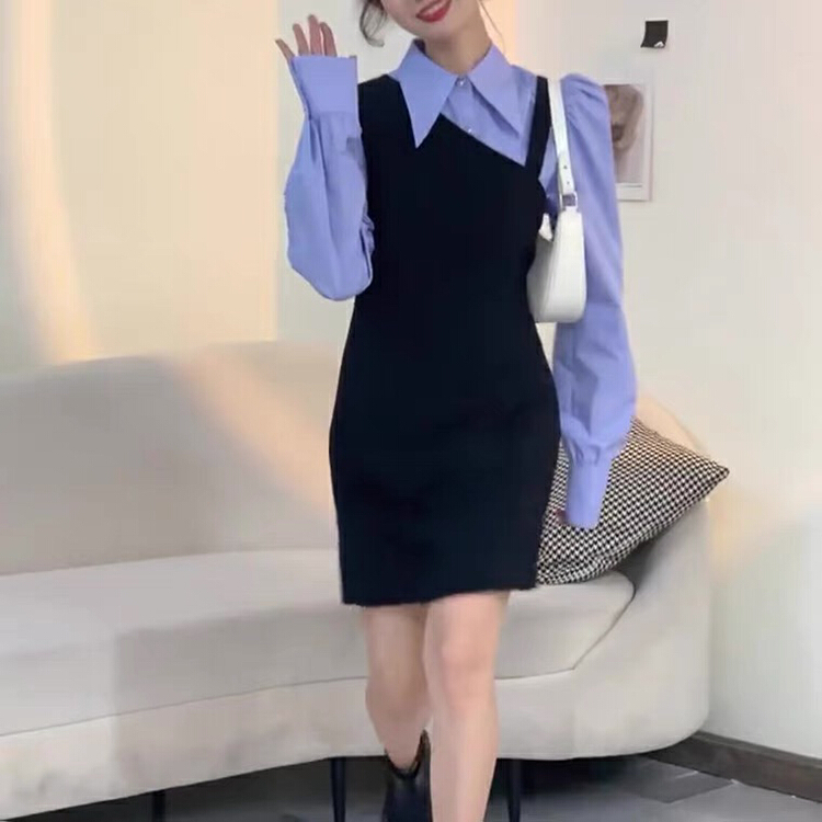New year in early spring! [L.L studio] Korean fashion bubble sleeve shirt + irregular thin suspender dress set 7064# PCZ