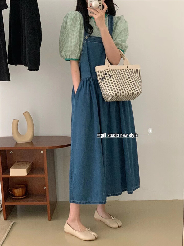 [gill] Korean version simple loose denim strap skirt (excluding top) 6026# zjy