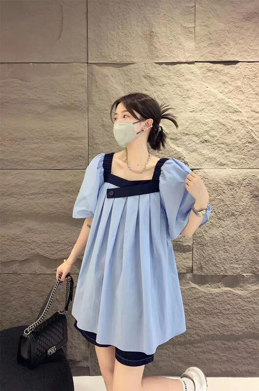 [8090] square neck color blocking lady blouse 2082# ll