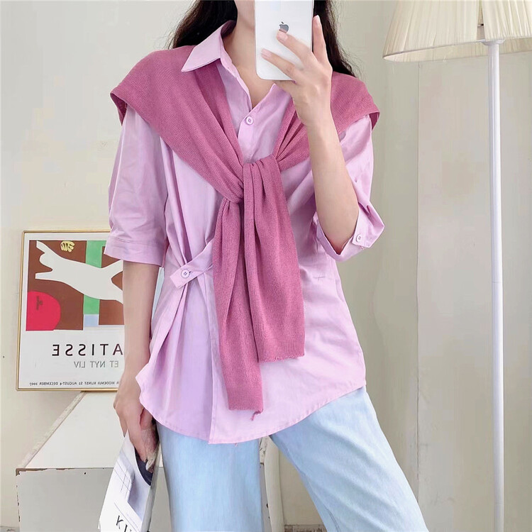goods in stock! New in early summer! [Lina] Korean clean color short sleeve versatile shirt (with shawl) 8779# zxx