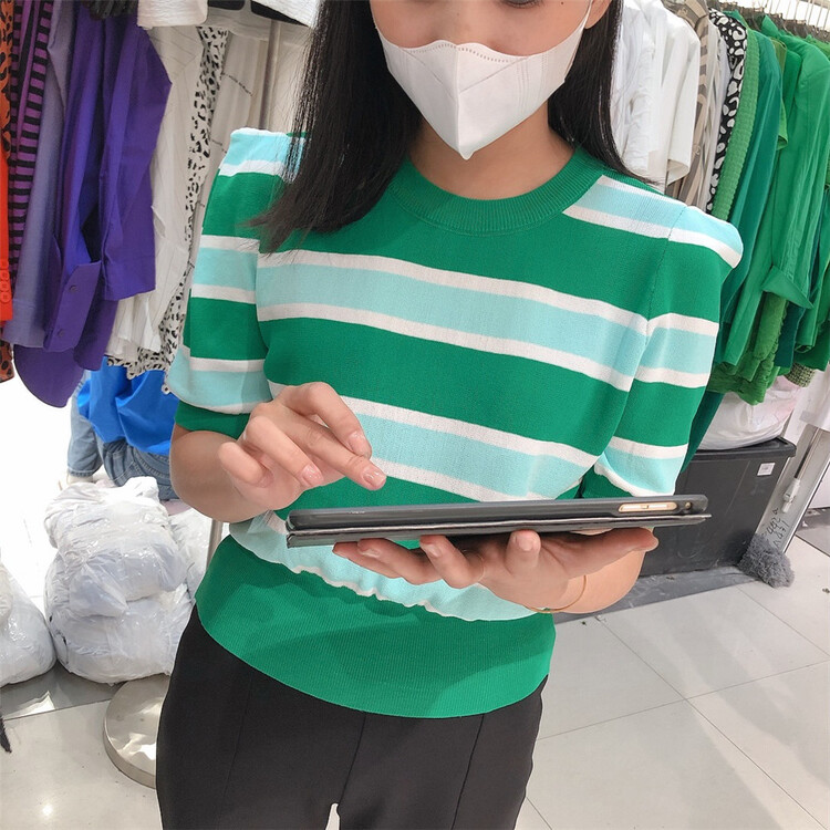 [Weika] Korean stripe round neck Pullover short sleeve T-shirt 8033# lwy
