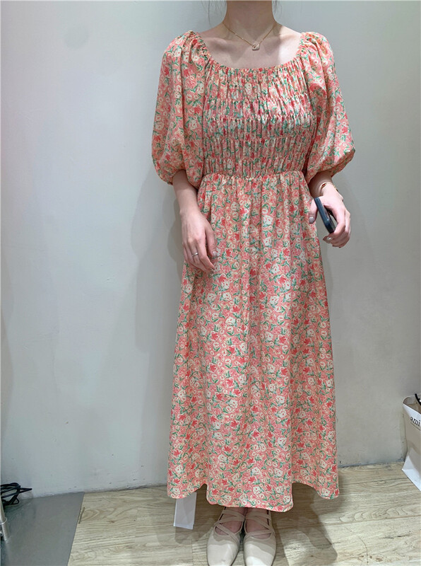[sugar offices] Fashion Square Collar floral bubble sleeve dress 1180# HBx