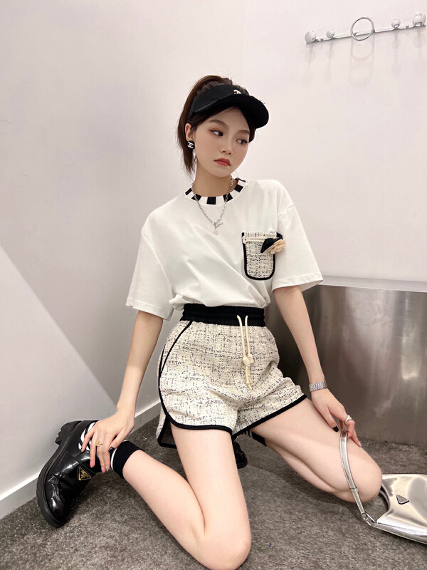 [YT] contrast checkerboard collar short sleeve + small fragrance drawstring Shorts Set (with flower brooch) tz5285# PCZ