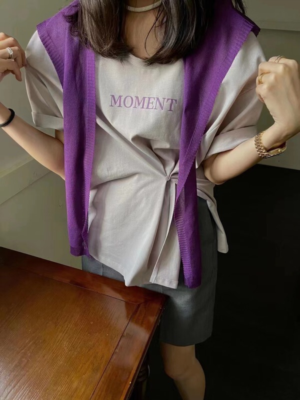 [an studio] Korean round neck letter short sleeve T-shirt (with shawl) 8772# L