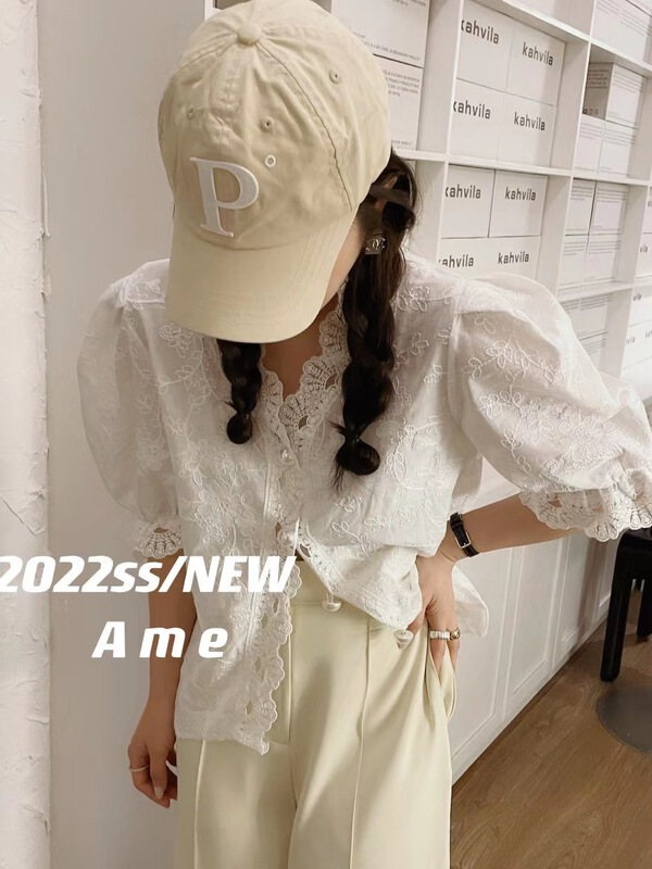 [ame] V-neck single breasted bubble sleeve shirt 86120# XYJ