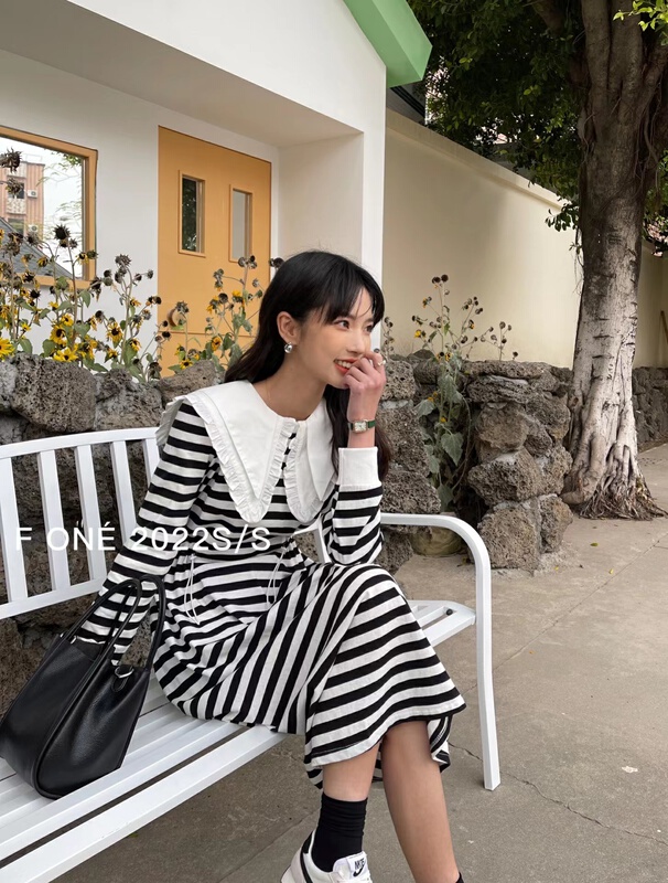 goods in stock! New year in early spring! [f one] Korean casual waist drawstring stripe dress (with detachable doll collar) 58002# WPL