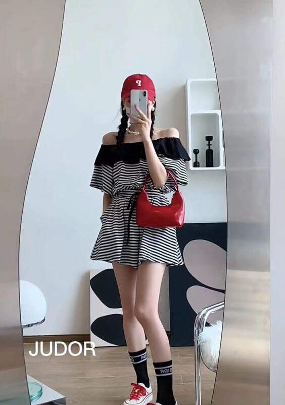 "LIDADA" fashion shoulder striped small shirt comfortable Joker casual shorts set (only selling small shirt pants) 2961# HBX