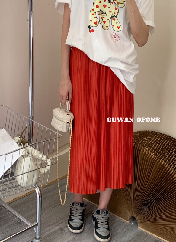 [G.W] simple solid color pleated elastic waist skirt 5236# zxx