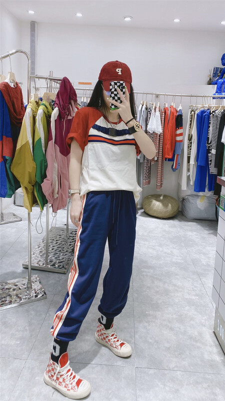 [Dany] round neck loose color matching short sleeve T-shirt aj159# zyh
