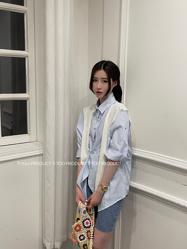 [t-too] striped single breasted Korean shirt (with detachable shawl) 665954# LSL