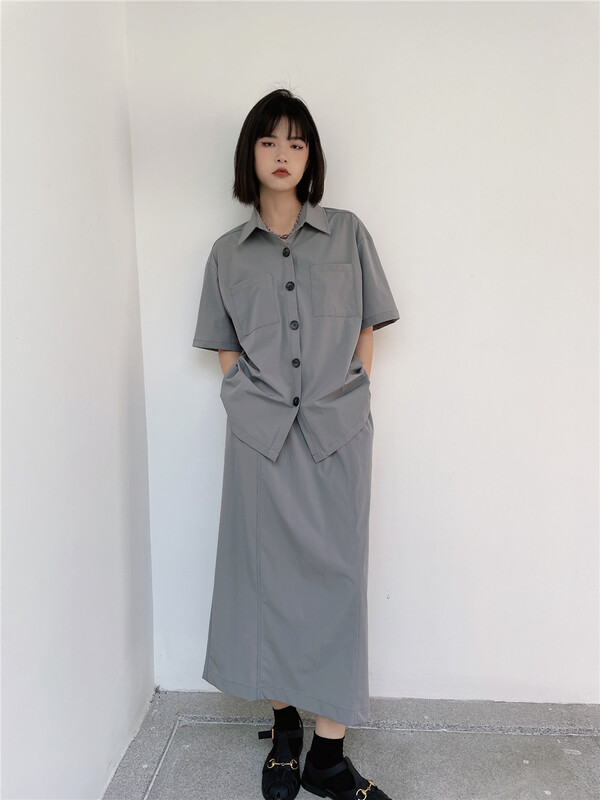 [Xixi studio] simple single breasted shirt + loose skirt suit 9060# XYJ
