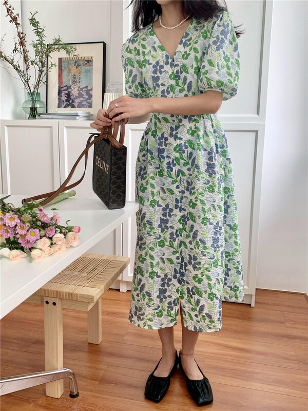 [Lina] Korean V-neck fresh waist dress 222s045# zxx