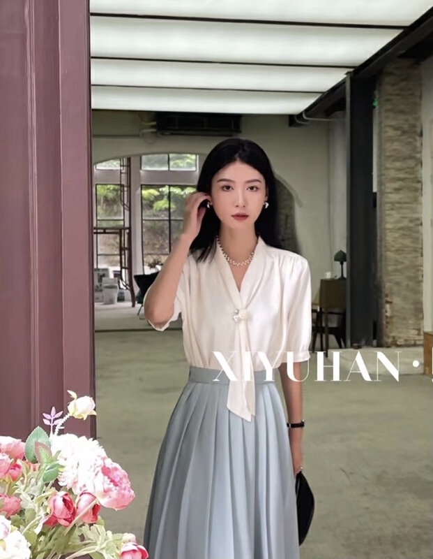 [xiyuhan] gentle temperament short sleeved shirt (decoration cannot be removed) y920# zxx