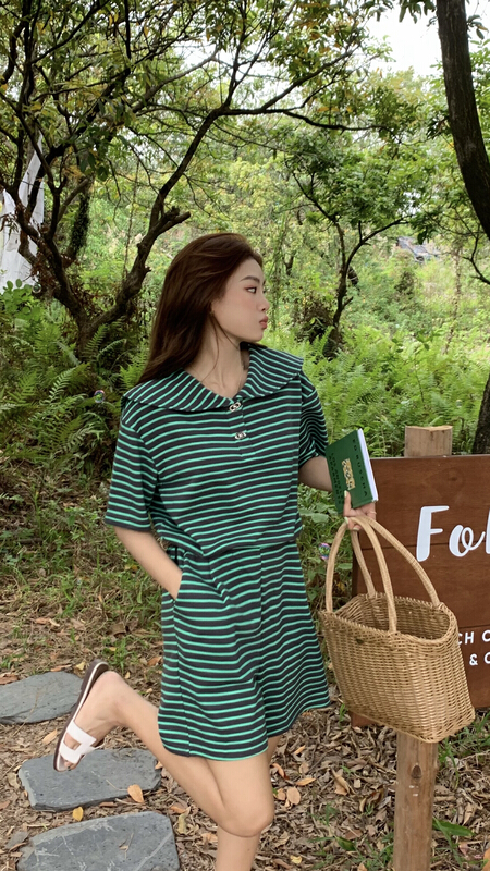 goods in stock! [qixuaner] Korean striped short sleeved T-shirt + casual shorts two piece suit 2652# LSW