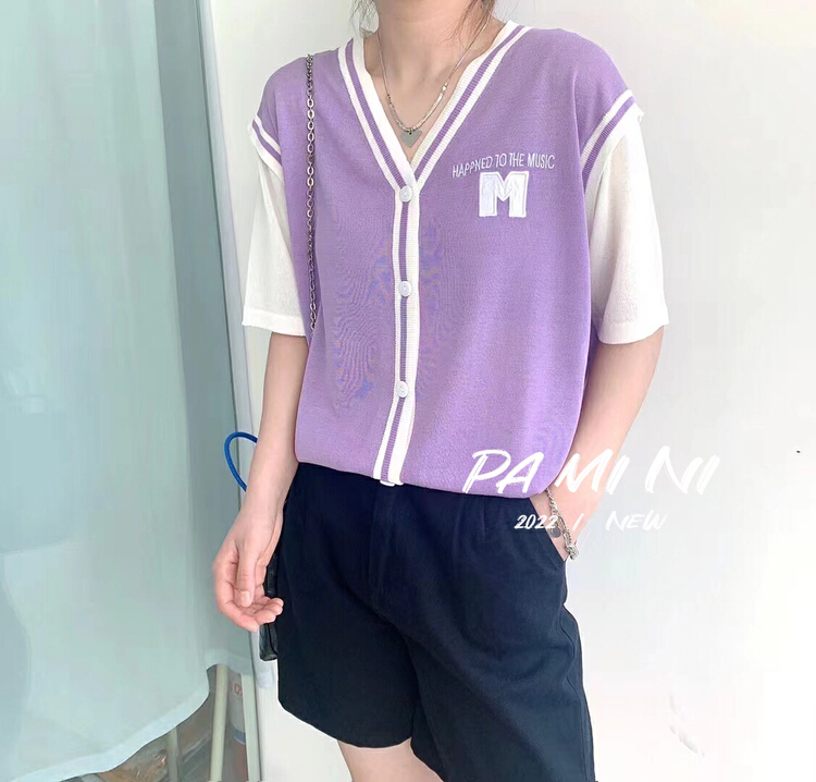 [pamini] fashionable foreign style color blocked knitted cardigan 8023# Cl