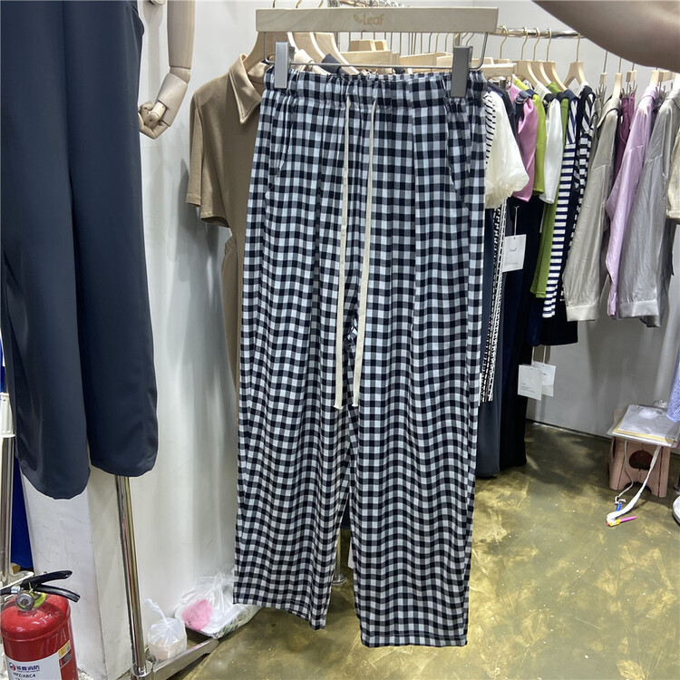 [leaf] drawstring Plaid comfortable casual pants ys1-8858# L