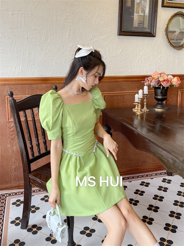 New in early summer! [ms.hui] French square neck bubble sleeve pearl design waist closing dress 963-1# WPL