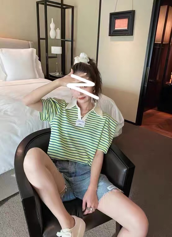 [Qixi] striped Korean Pullover short sleeve T-shirt 8911# XYY