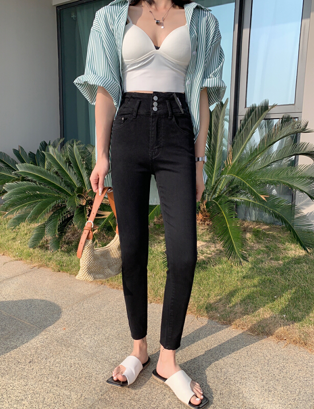 Original price 73.32! New year in early spring! [en Xi'er] spring main double button high waist elastic small leg jeans eb1832# L