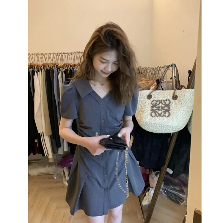 New in early summer! [by] pure desire V-neck buckle fishtail hem slim dress 2631# Cl