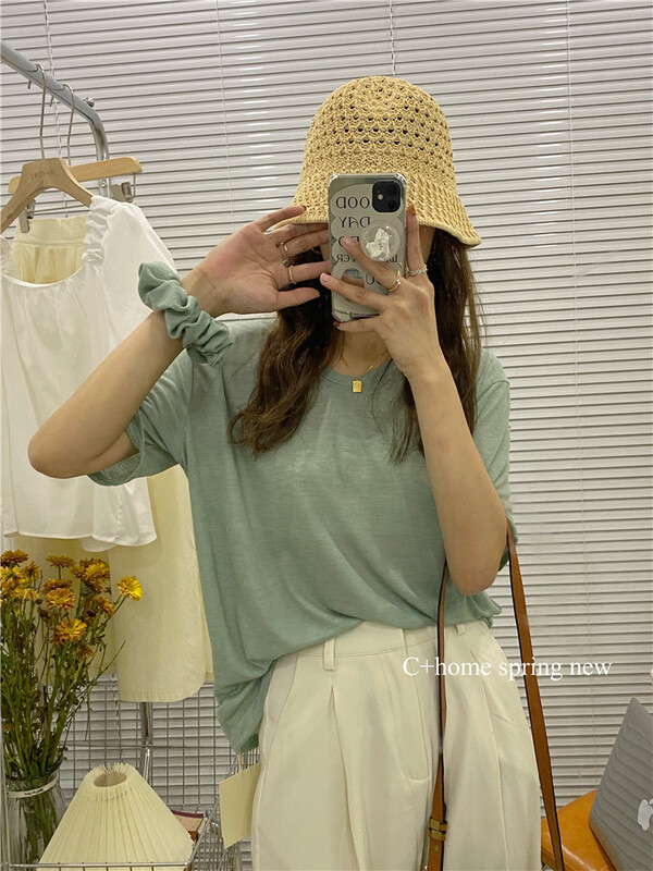 Original price 45.00! [C + home] Korean version simple casual clean color short sleeved T-shirt (with hair circle) 68802# HBx