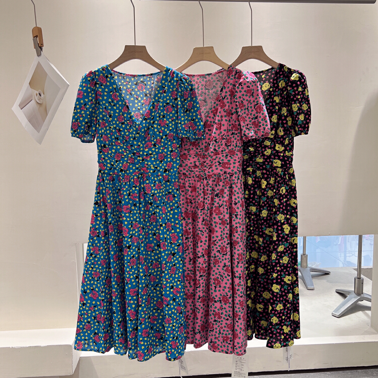 [o.shazidian] Korean version simple rose V-neck dress 1516# CSX