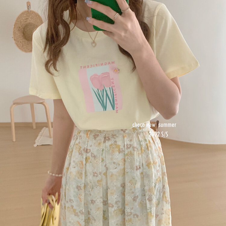 [choco] Korean small fresh tulip printed short sleeve T-shirt (with Brooch) (excluding matching) 8281# HBx