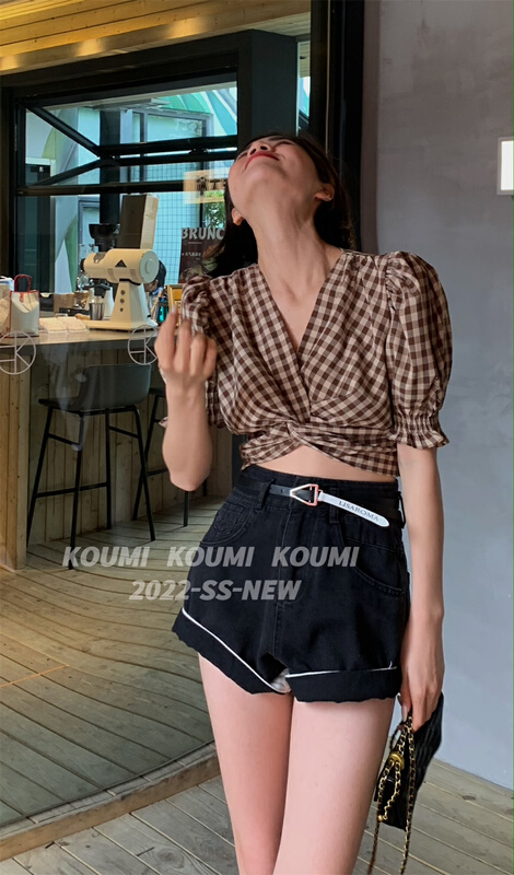 [Koumi] Korean Plaid bubble sleeve shirt 667# CSX