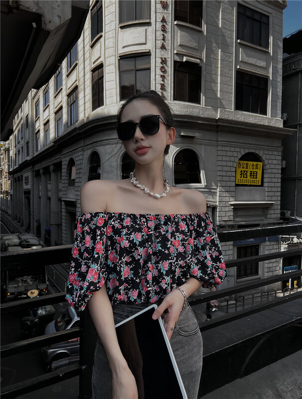 [web sensing] Korean style one shoulder floral short shirt a956# ozq