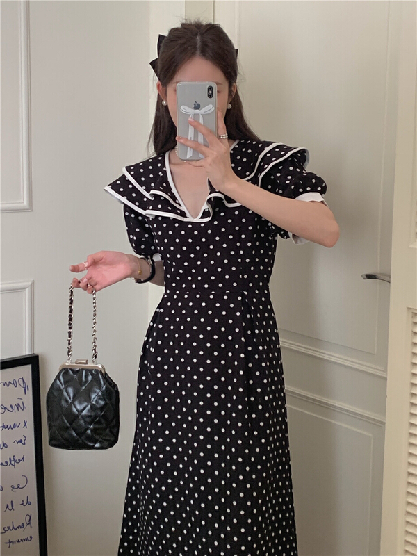 [timely rain] French color contrast double Ruffle lapel vintage Polka Dot Dress (only skirts) 11198# WPL