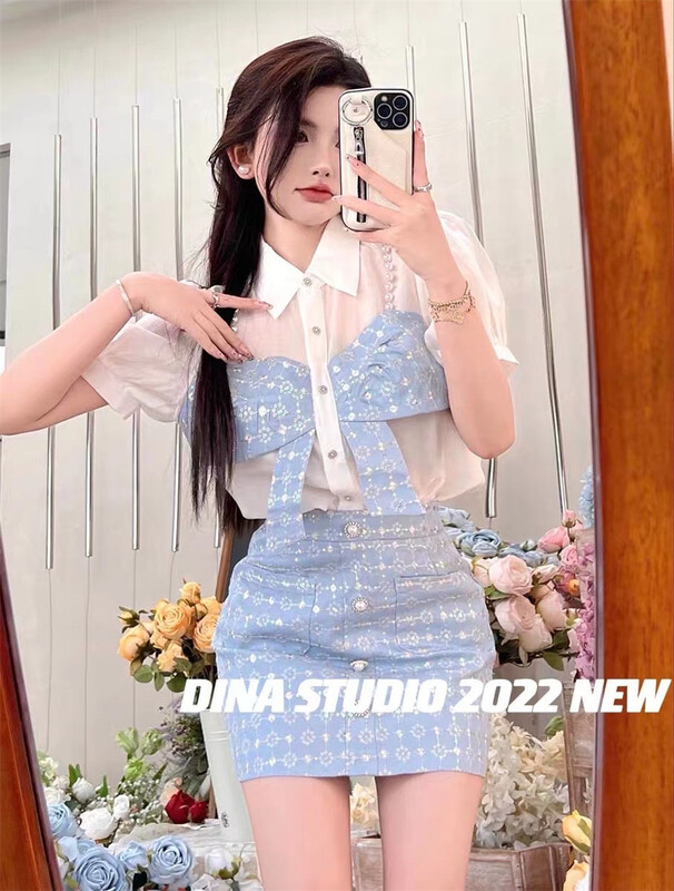 【D.INA】拼接設計襯衫+包臀半身裙套裝  11239#  JJ