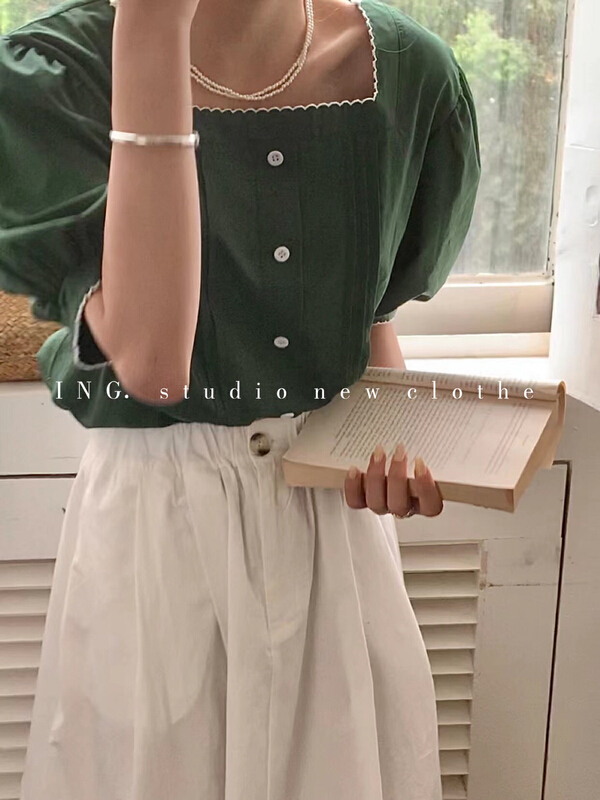 New in early summer! [ing] French retro color contrast edge square neck bubble sleeve blouse 7682# HBx