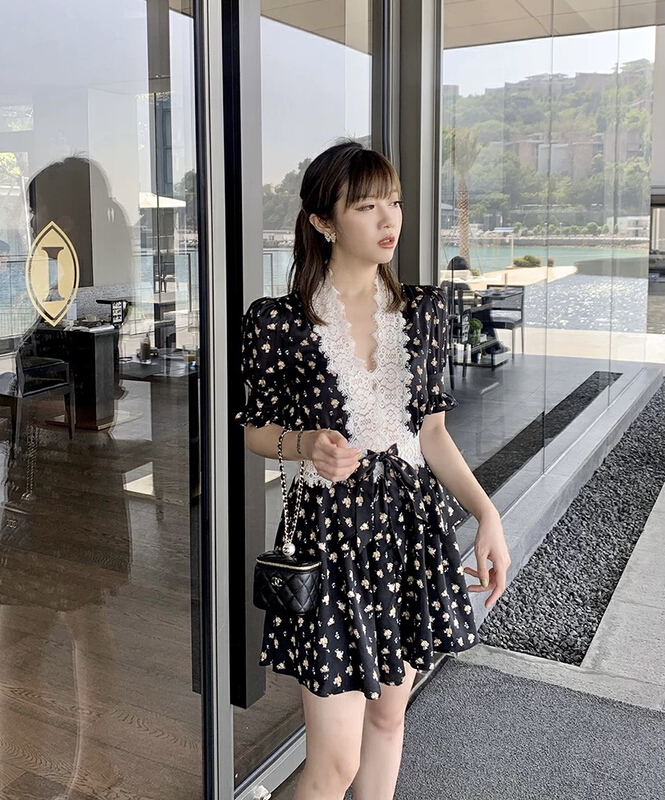 [smile baby] French Style Lace V-neck slim floral dress b3018# WPL