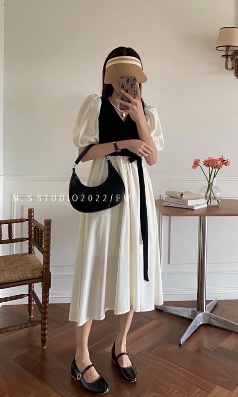 [N.S] Korean color blocking V-neck slim dress 7313# WPL