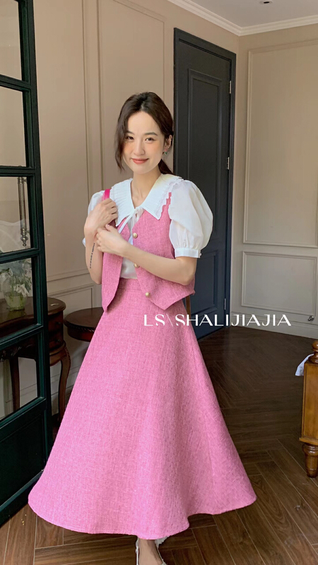 goods in stock! New in early summer! [LS] Korean small fragrance Vest + high waist and large swing skirt suit 60078# WPL