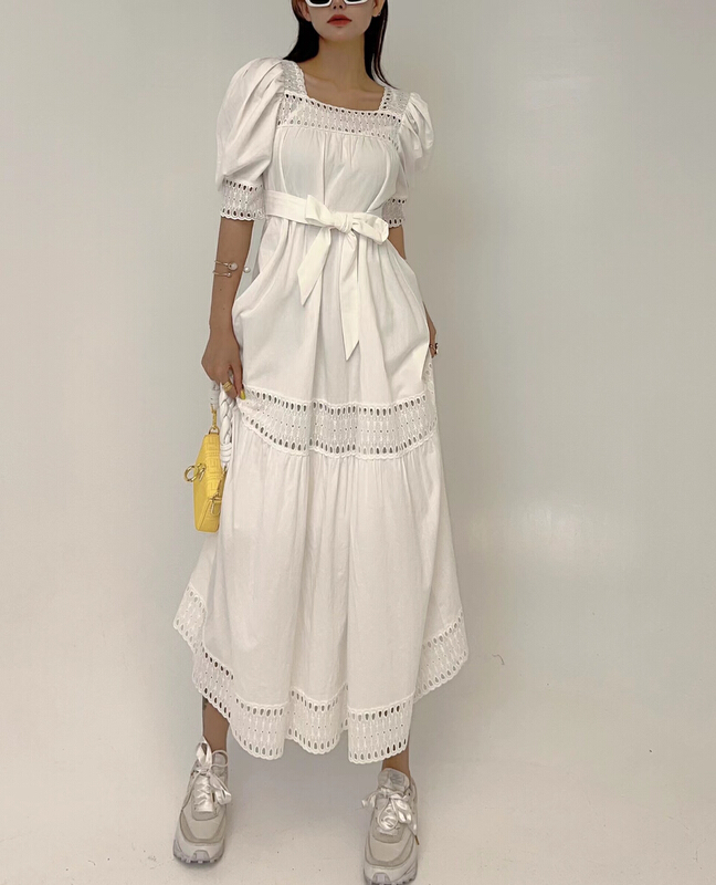 [d.two D2] Korean bubble sleeve lace dress (with waist rope) 2203126# zxl