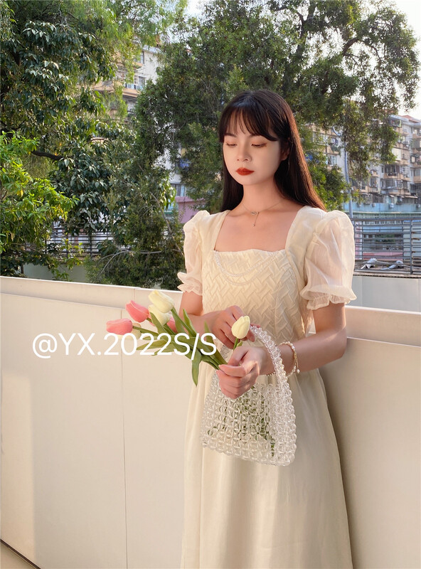 [YX] French style square neck bubble sleeve temperament dress 2239# zjy