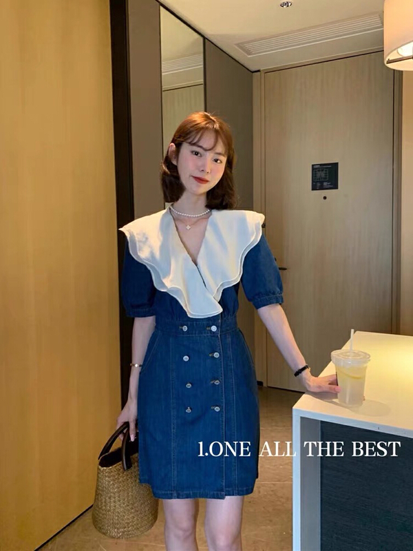New in early summer! [wgwe] French minority Ruffle stitched waist closing denim dress 1388# PCZ