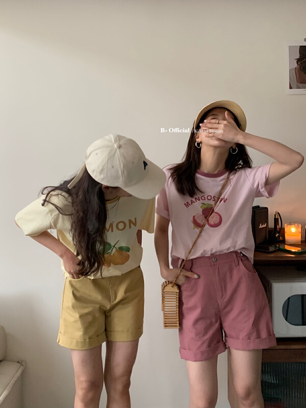 [B plus] simple and versatile casual fun fruit printed short sleeves + versatile basic comfortable casual Shorts Set 22-9426-2# HBx