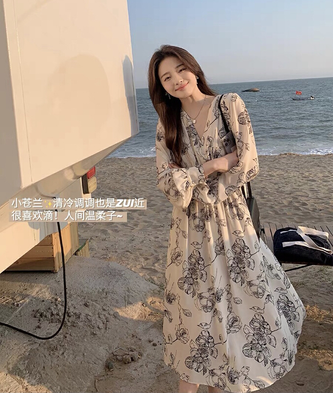 goods in stock! New year in early spring! [salmoka] simple retro V-neck Printed Dress 5006# lwy