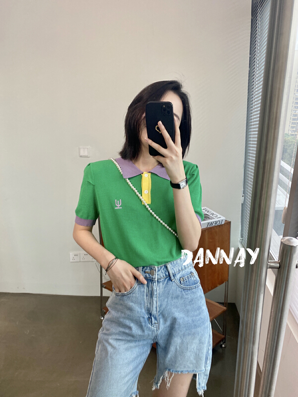 [dannay] ice hemp contrast stitching Polo neck loose knit 6571# WPL