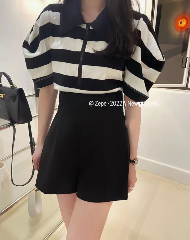 New in early summer! [Ze] Korean versatile bubble sleeve stripe short sleeve T-shirt 8521# ll