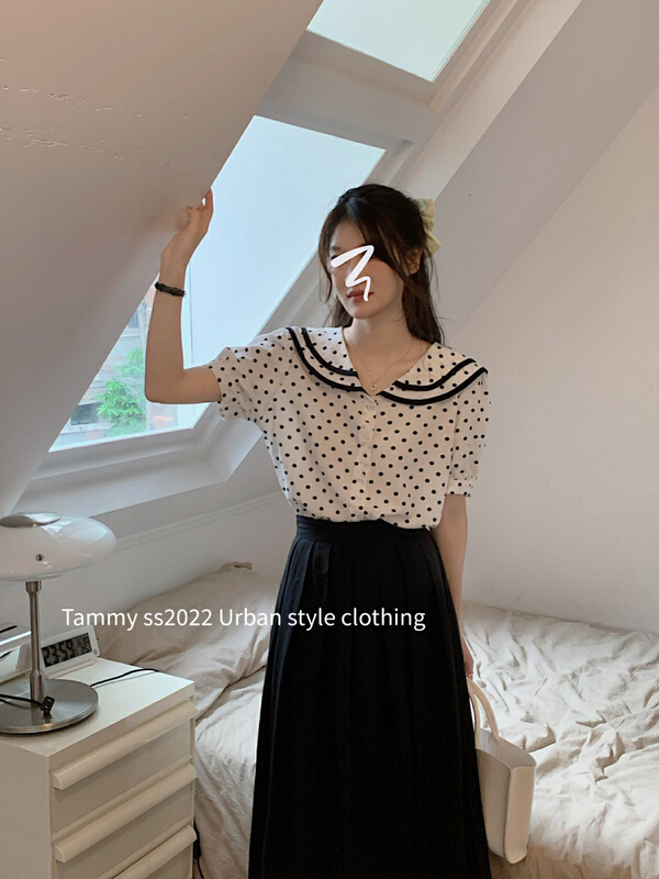 [Tammy] double neck loose and versatile Polka Dot blouse 63028# L