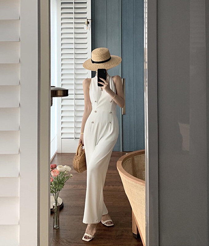 [Linna] temperament V-neck sleeveless double breasted Jumpsuit ys1-018# zxx