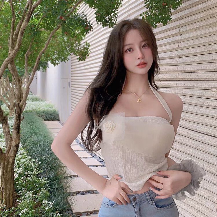[CTT] Korean ins design sense mesh atmosphere sense flower milk sweet neck vest / sling 6617# cqw