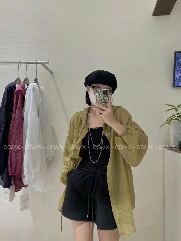 [8090] simple fashion hooded loose sunscreen shirt 2092# L